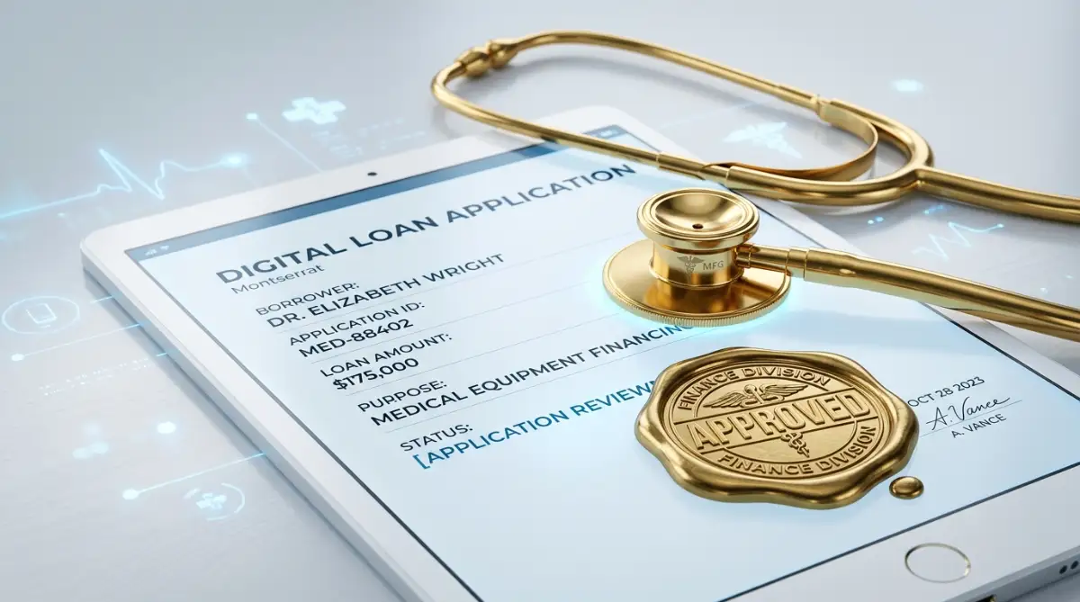 A premium golden "Approved" stamp resting on a digital medical bill document, representing fast and easy approval loans for medical emergencies.
