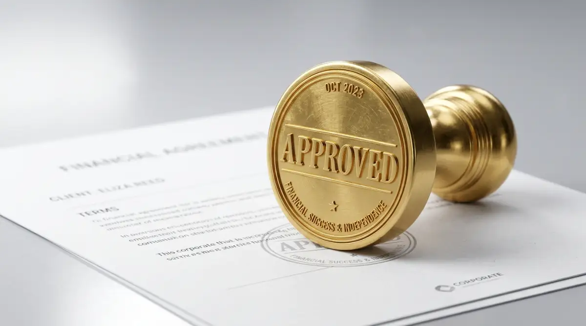 A golden "Approved" stamp on a white document, representing the successful and fast process of getting a bank loan without needing a co-signer.