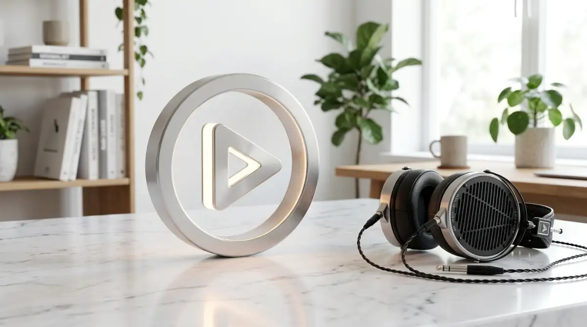 A high-quality 3D visual of a play button and headphones on a desk, representing the simple start to understanding the basics of video editing for beginners.
