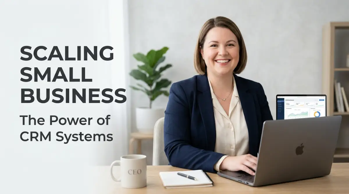 A professional woman with a round face smiles while using a laptop to manage a CRM system for a growing small business.