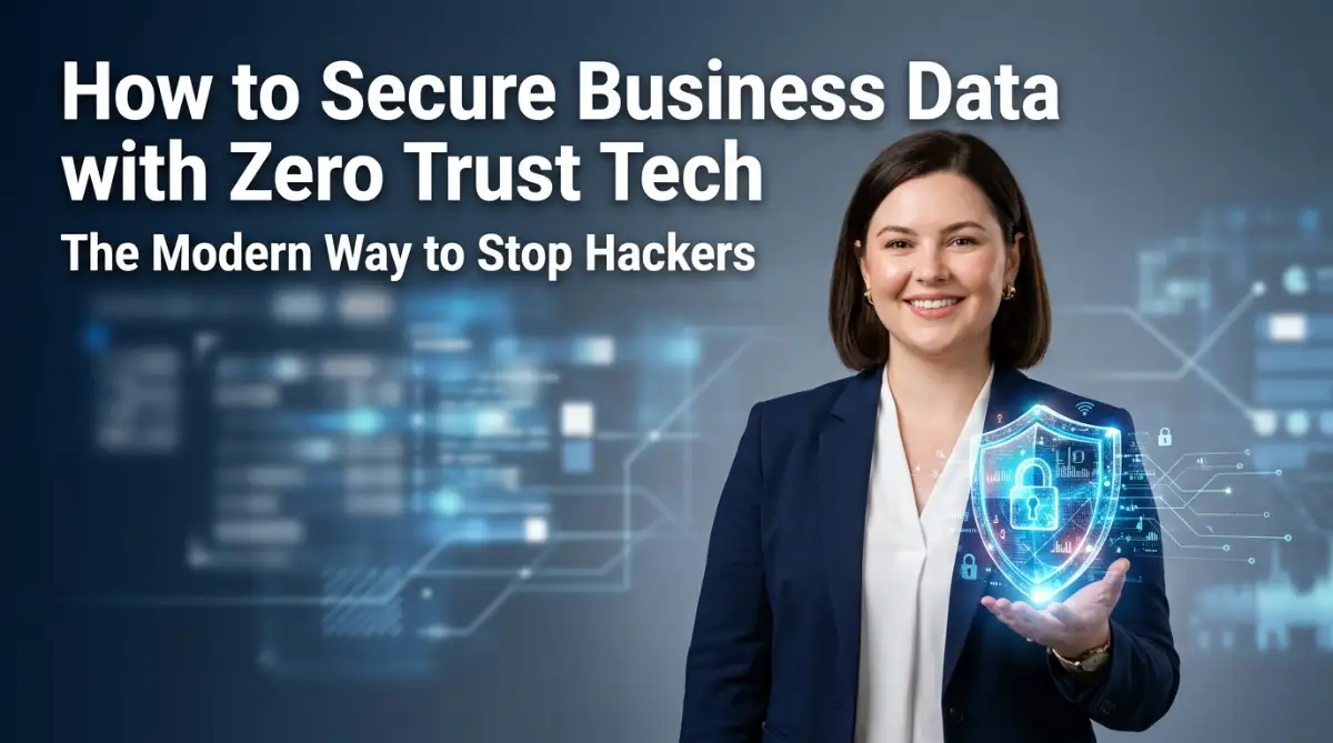 A professional model showing how to secure business data with zero trust tech using a digital shield to represent modern network safety.