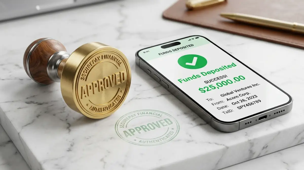 A person smiling while looking at a loan approval message on their smartphone screen