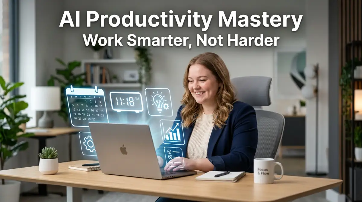 A professional woman with a round face using a laptop with AI icons to show how the best AI productivity tools improve daily work efficiency.