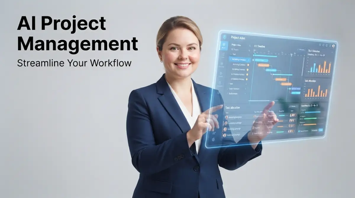A professional woman with a round face looking at an AI-powered project management dashboard to improve team efficiency.