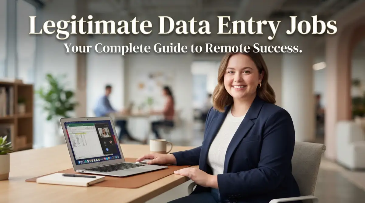 A professional fair-skinned woman with a round face sitting at a desk with a laptop, representing legitimate remote data entry tasks.