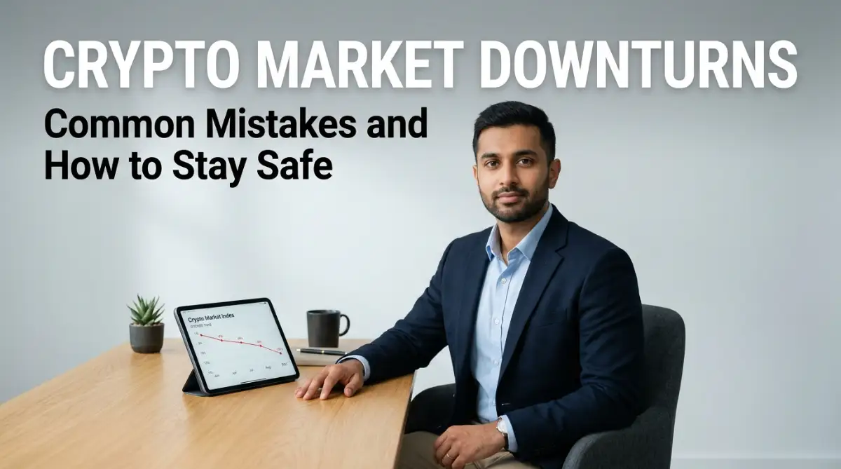 A calm young male investor looking at a financial chart during a crypto market crash, illustrating how to stay safe during market downturns.