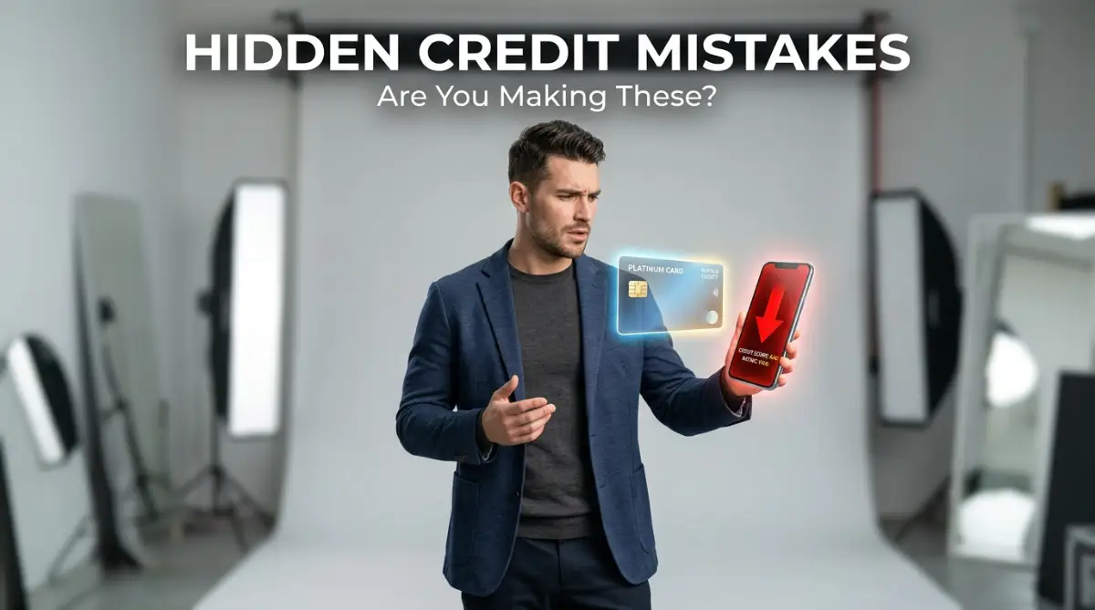 A smart young male model looking confused at a smartphone screen showing a dropping graph, representing the hidden credit score mistakes young adults make without realizing it.