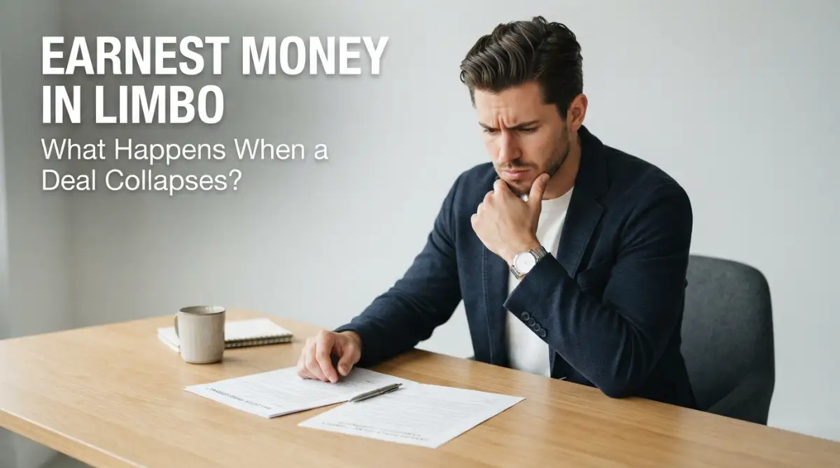 A concerned home buyer looking at his home contract documents, wondering what happens to his earnest money deposit after a real estate transaction collapses.