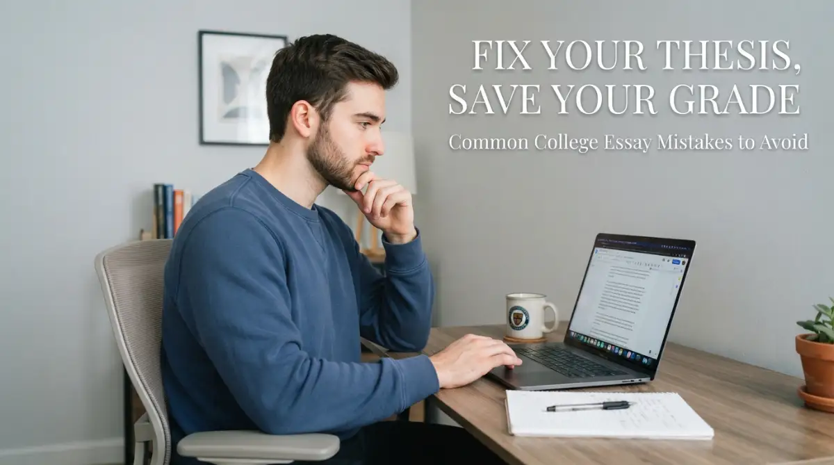 A thoughtful male college student sitting at a desk with his laptop, representing how to identify and avoid common thesis statement mistakes in college essays.