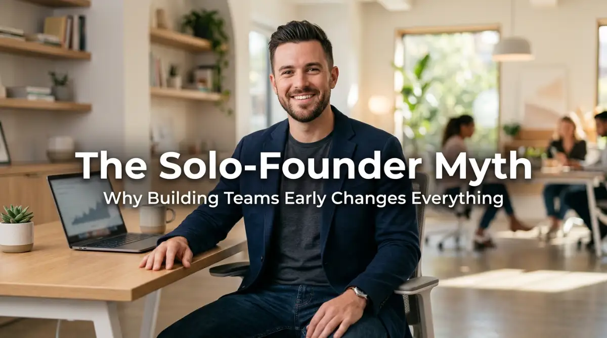 A professional male entrepreneur in a modern office, representing the transition from a solo founder to building a collaborative startup team early for business growth.