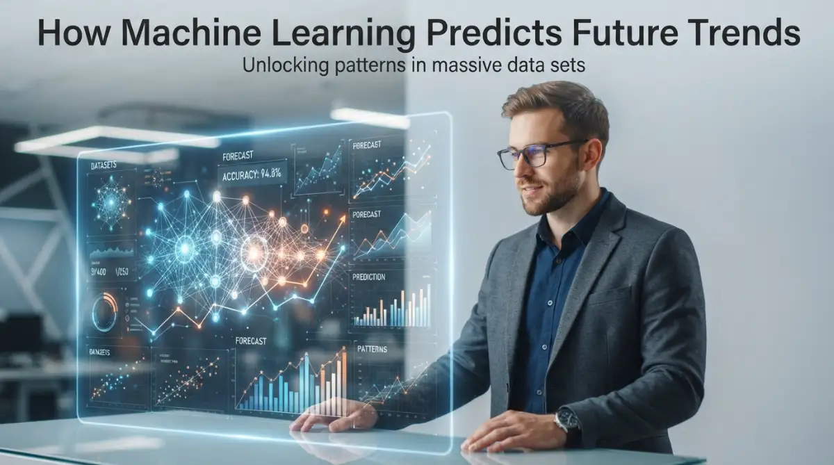 A smart professional looking at dynamic data visualization screens showing how machine learning models forecast trends.