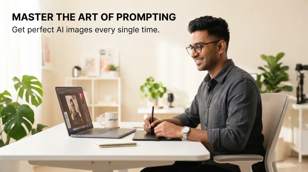 A smart digital creator writing highly effective prompts for AI image generation on a laptop.