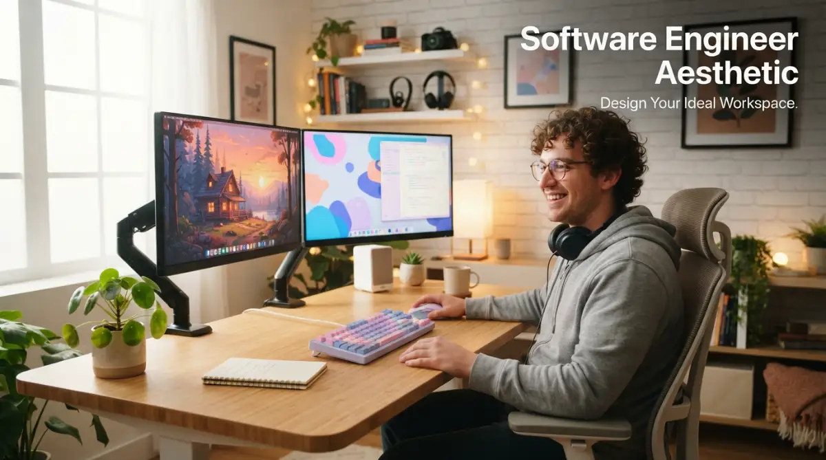 A smart developer sitting at a clean oak wood desk looking at colorful desktop wallpapers, showing modern software engineer aesthetic ideas.